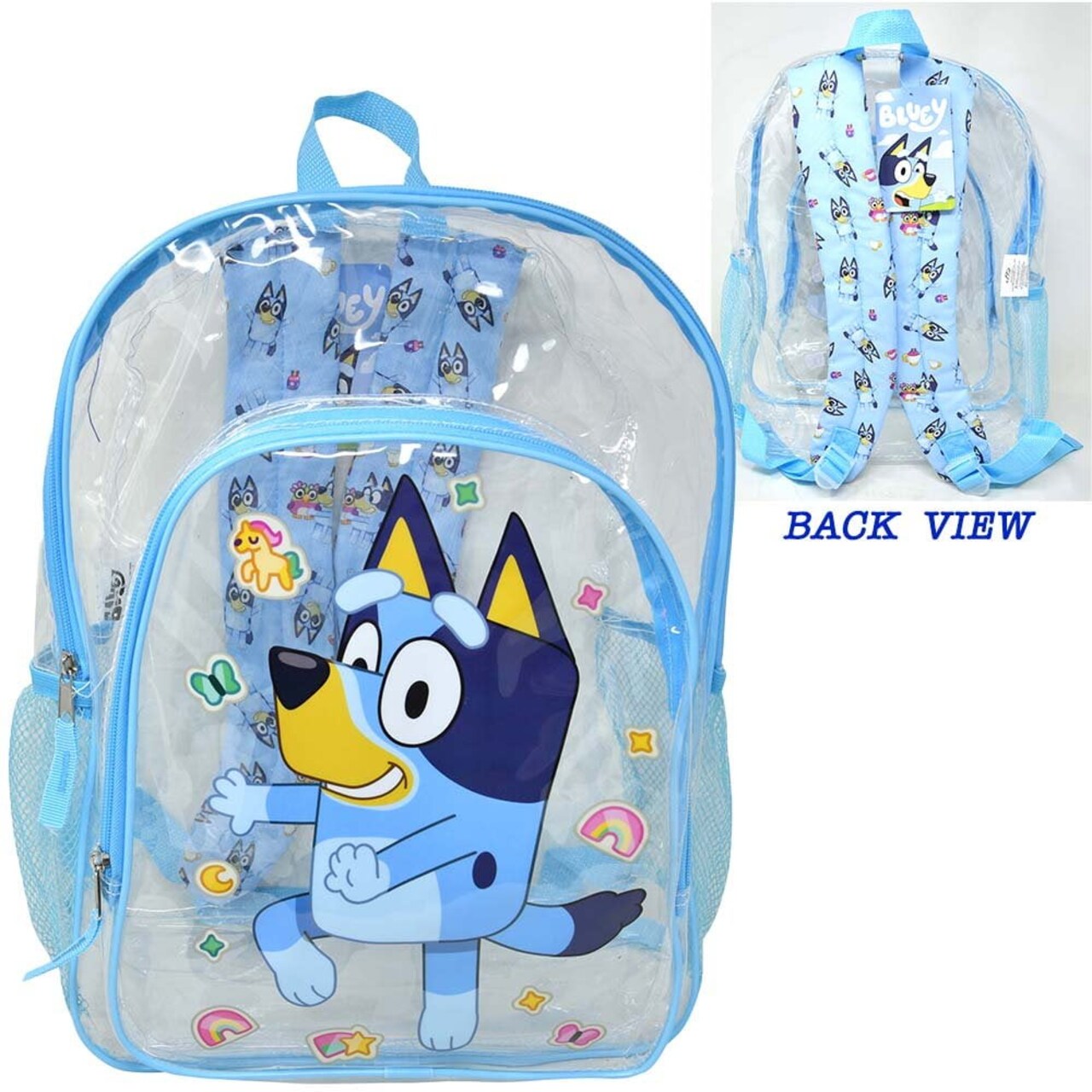 Bluey 16" Clear Backpack for Kids Transparent Bag with 2 Side Mesh Pockets